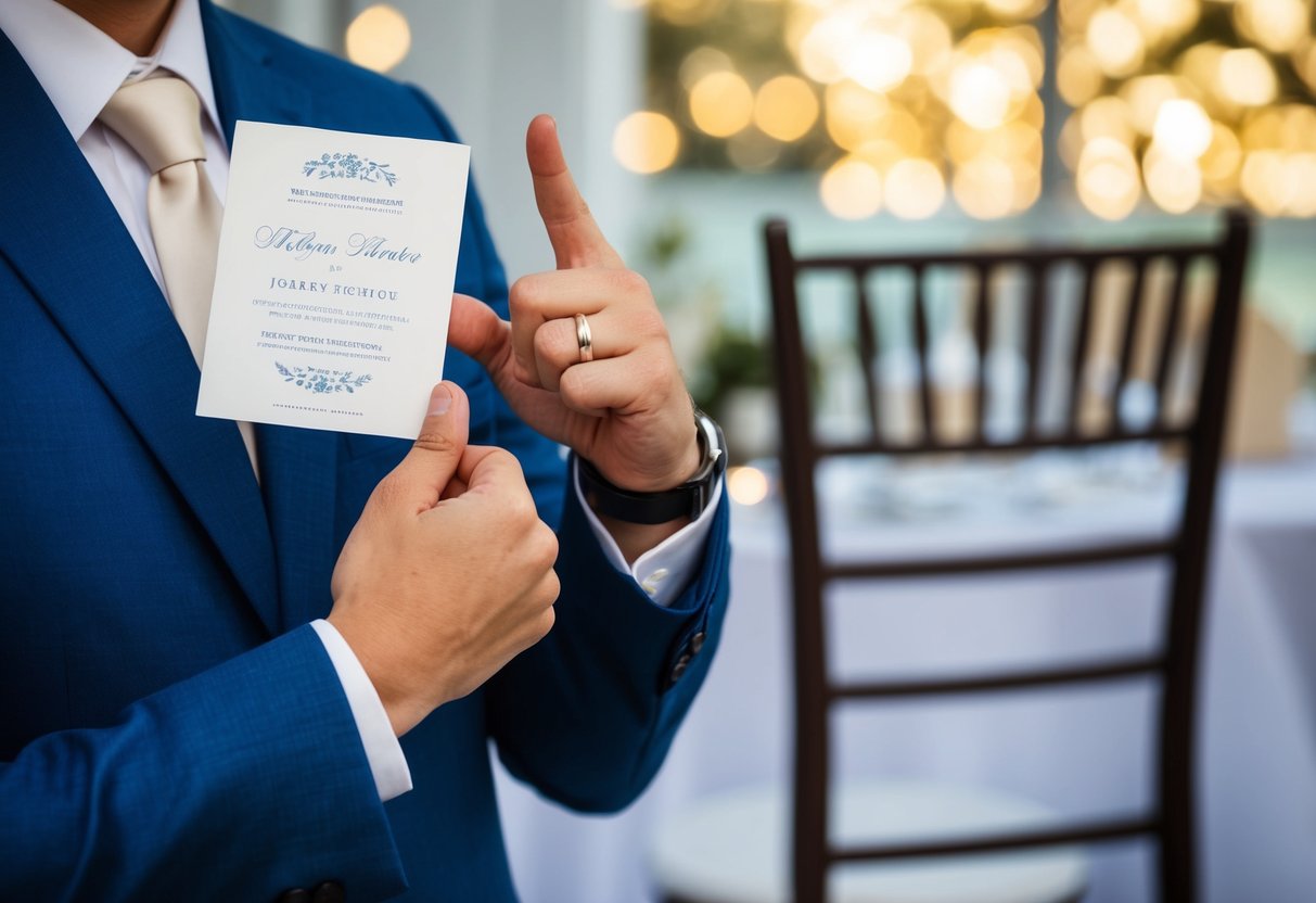 A person holding a wedding invitation and gesturing with a questioning expression towards an empty chair beside them