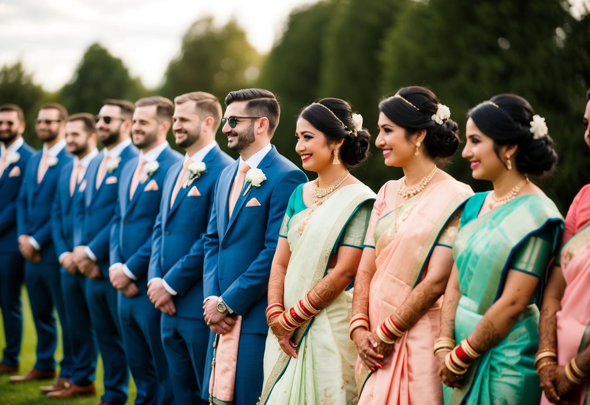 A group of groomsmen and bridesmaids stand in a line, each wearing matching traditional attire with small personalized details