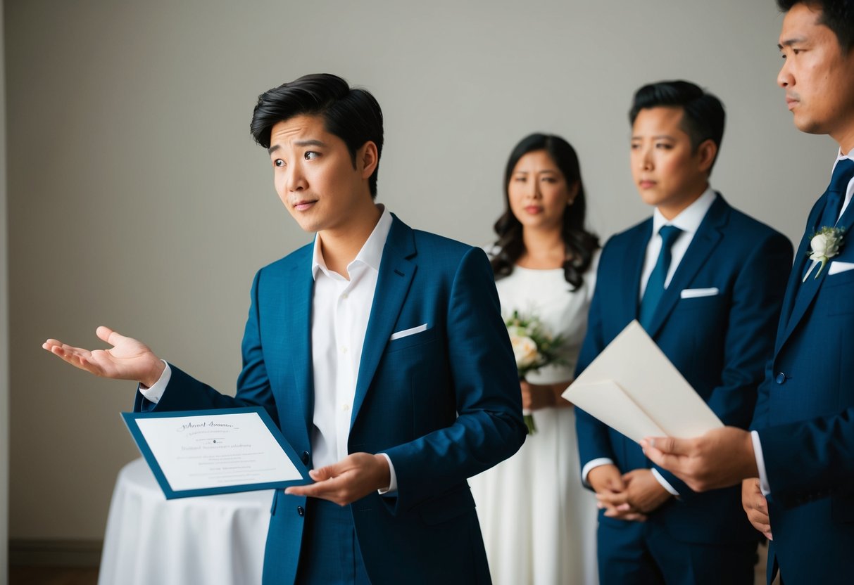 A person standing with a hesitant expression, gesturing toward a wedding invitation while the hosts look uncertain