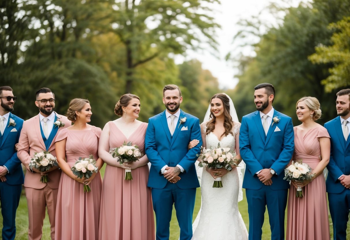 A group of groomsmen and bridesmaids standing in a line, wearing matching color-coordinated outfits, with the focus on their attire and overall aesthetic