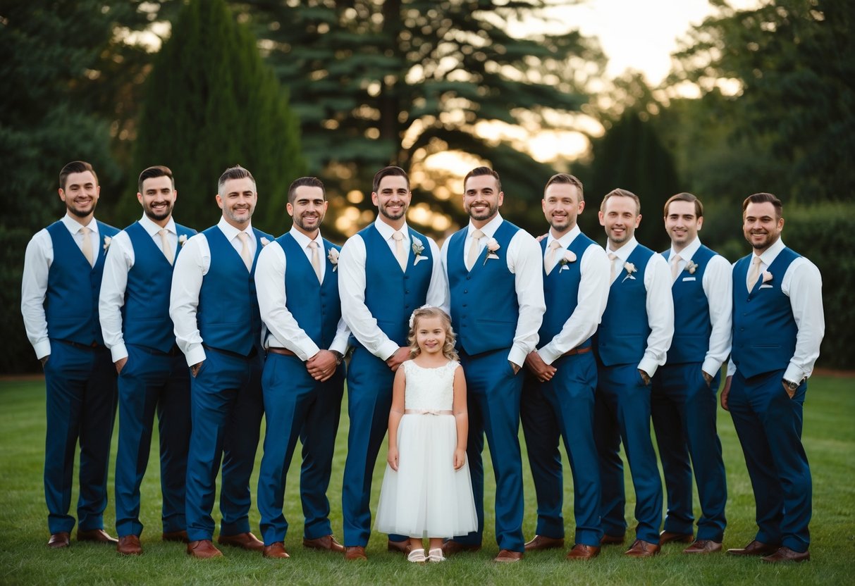 A group of wedding attendants gathered together, with a girl standing among the groomsmen
