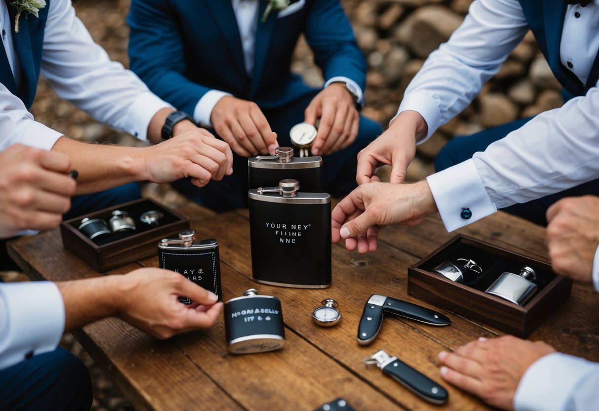 A group of groomsmen exchanging gifts in a rustic setting, with items such as personalized flasks, cufflinks, and pocket knives displayed on a wooden table
