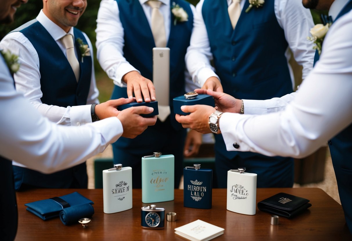 A group of groomsmen exchanging gifts, with various items such as watches, cufflinks, and personalized flasks displayed on a table
