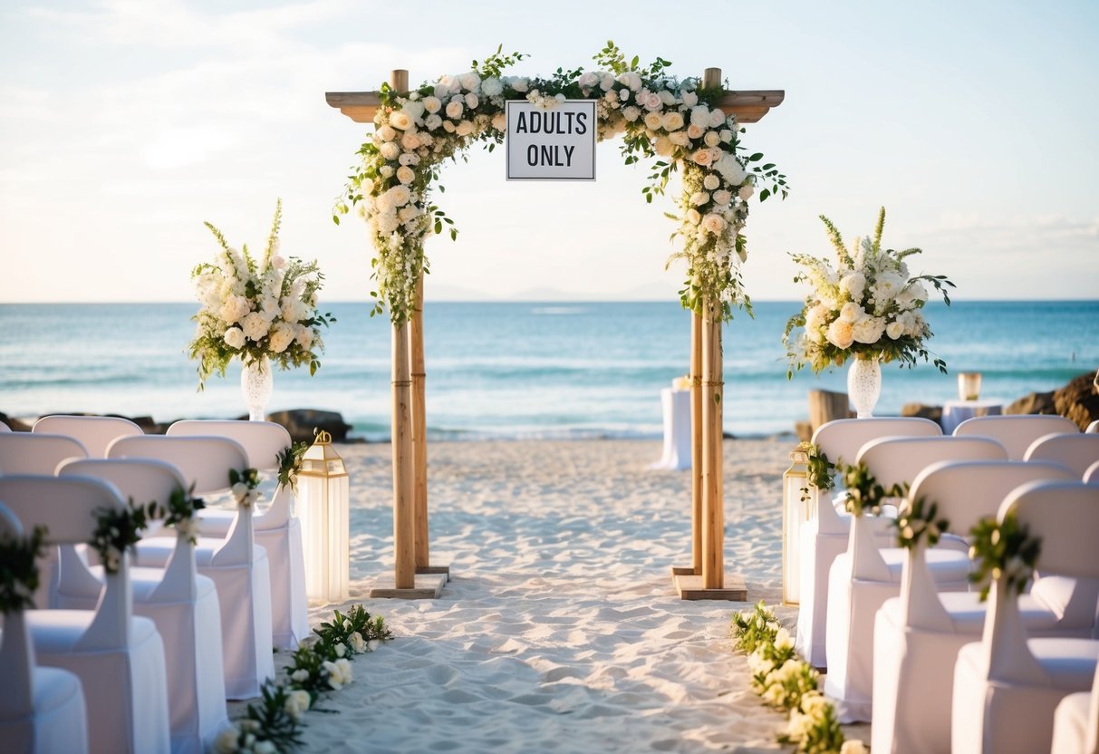 A picturesque beach wedding with elegant decor and a sign indicating "Adults Only" at the entrance