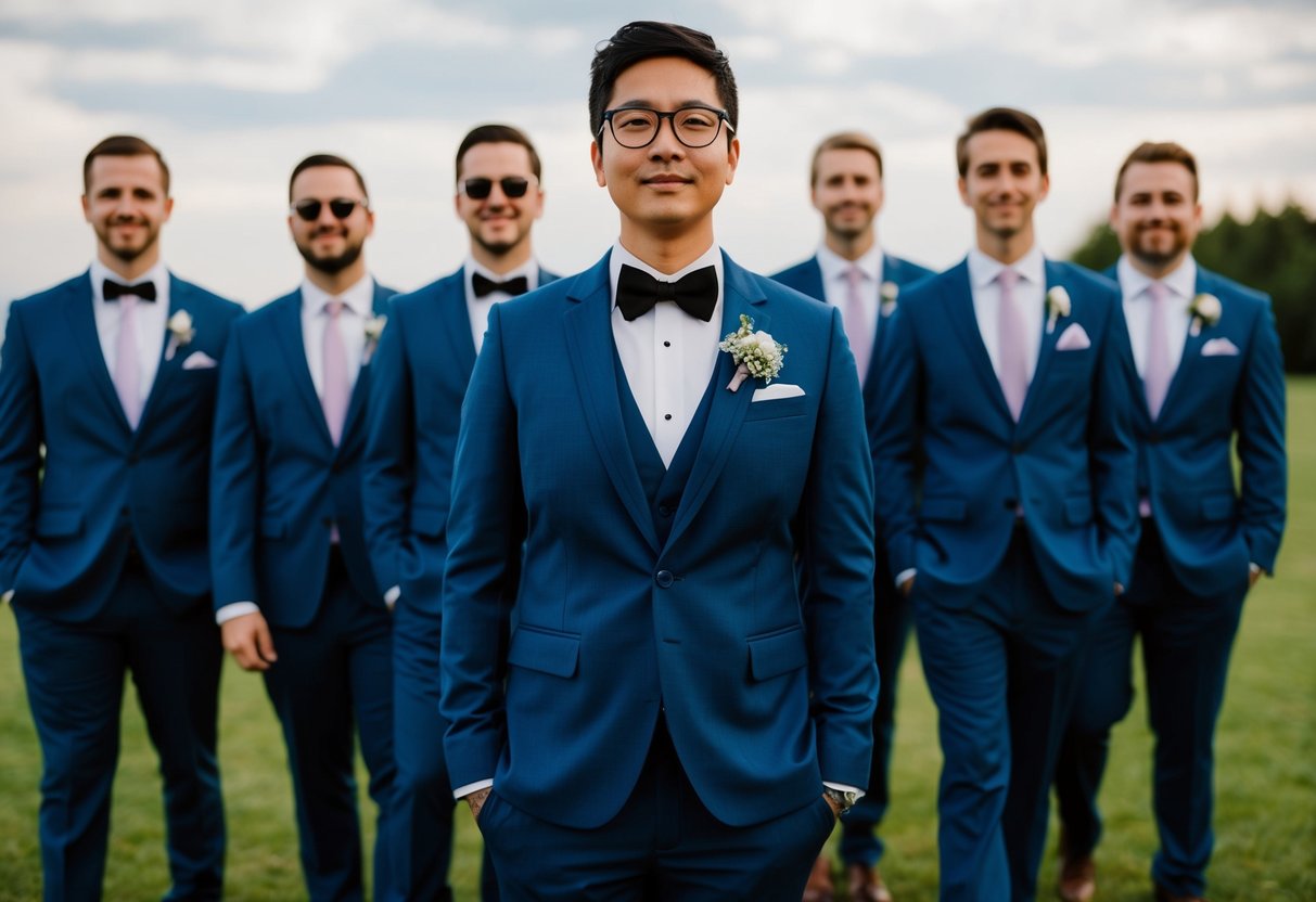 A nonbinary figure in formal attire stands proudly among a group of groomsmen, exuding confidence and individuality