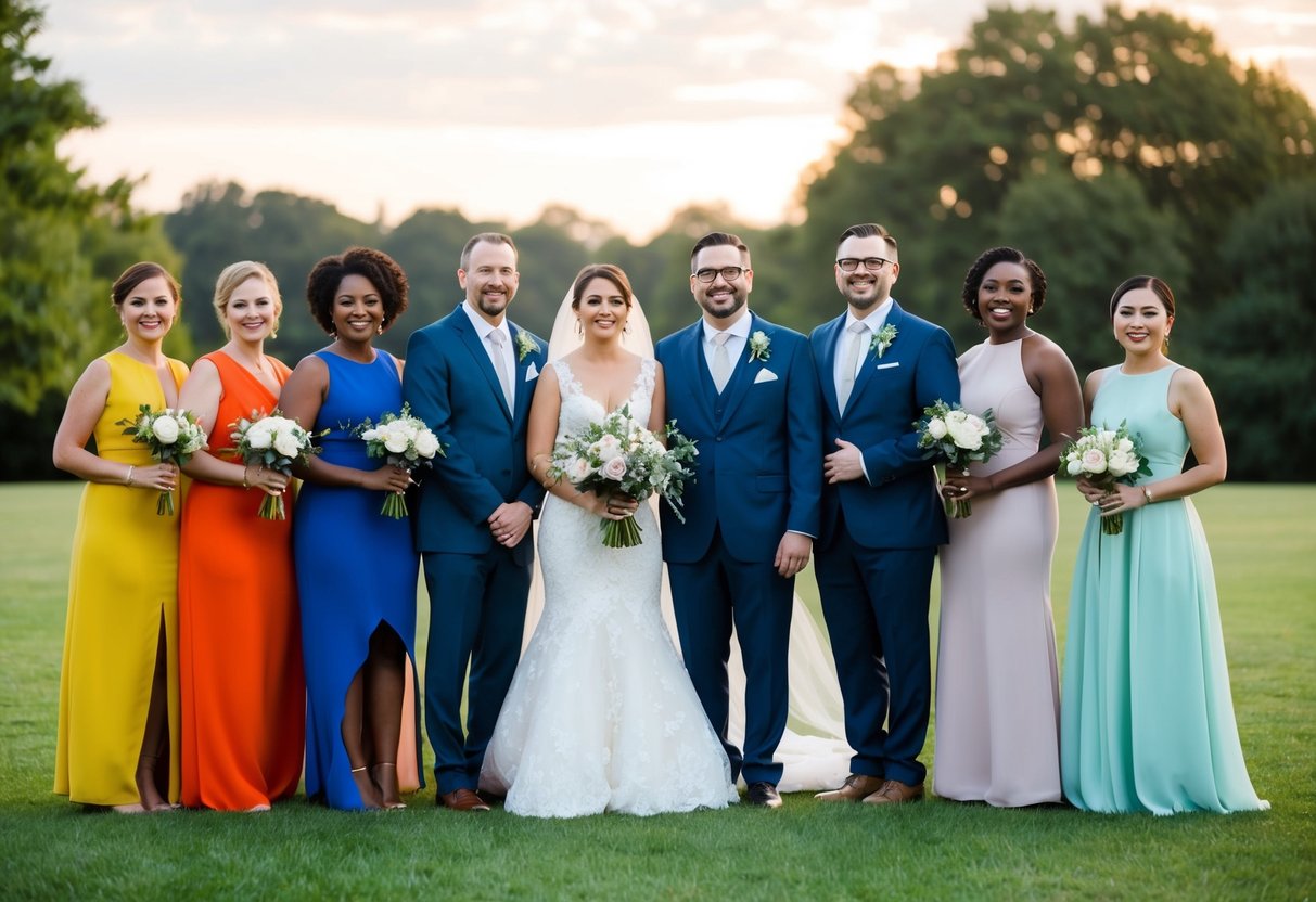 A group of attendants in diverse attire stand proudly beside the wedding couple, celebrating love and inclusivity