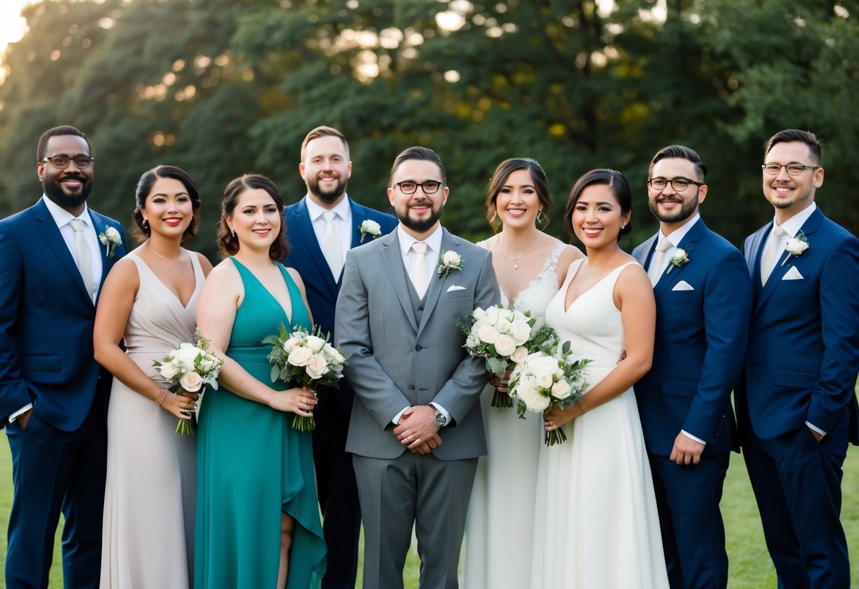 A diverse group of wedding party members, including a nonbinary individual, standing together in formal attire