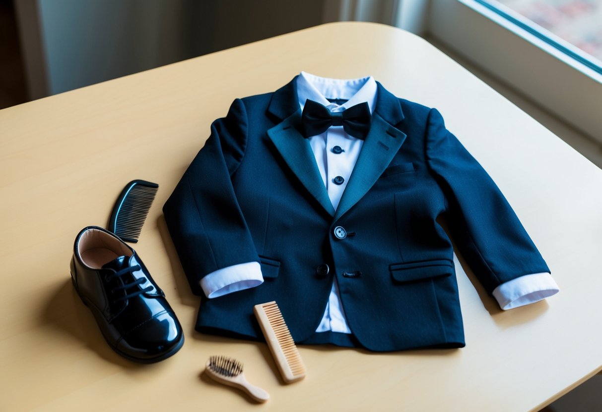 A small tuxedo jacket and bowtie laid out on a table, next to a child-sized shoe and a tiny comb and brush