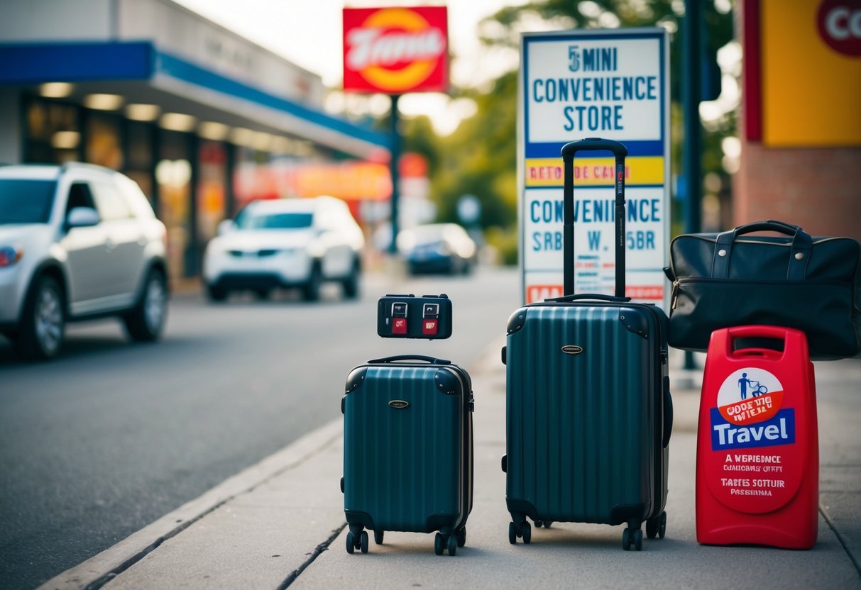 A mini groomsman, a small suitcase on wheels, stands next to a travel bag and a convenience store sign