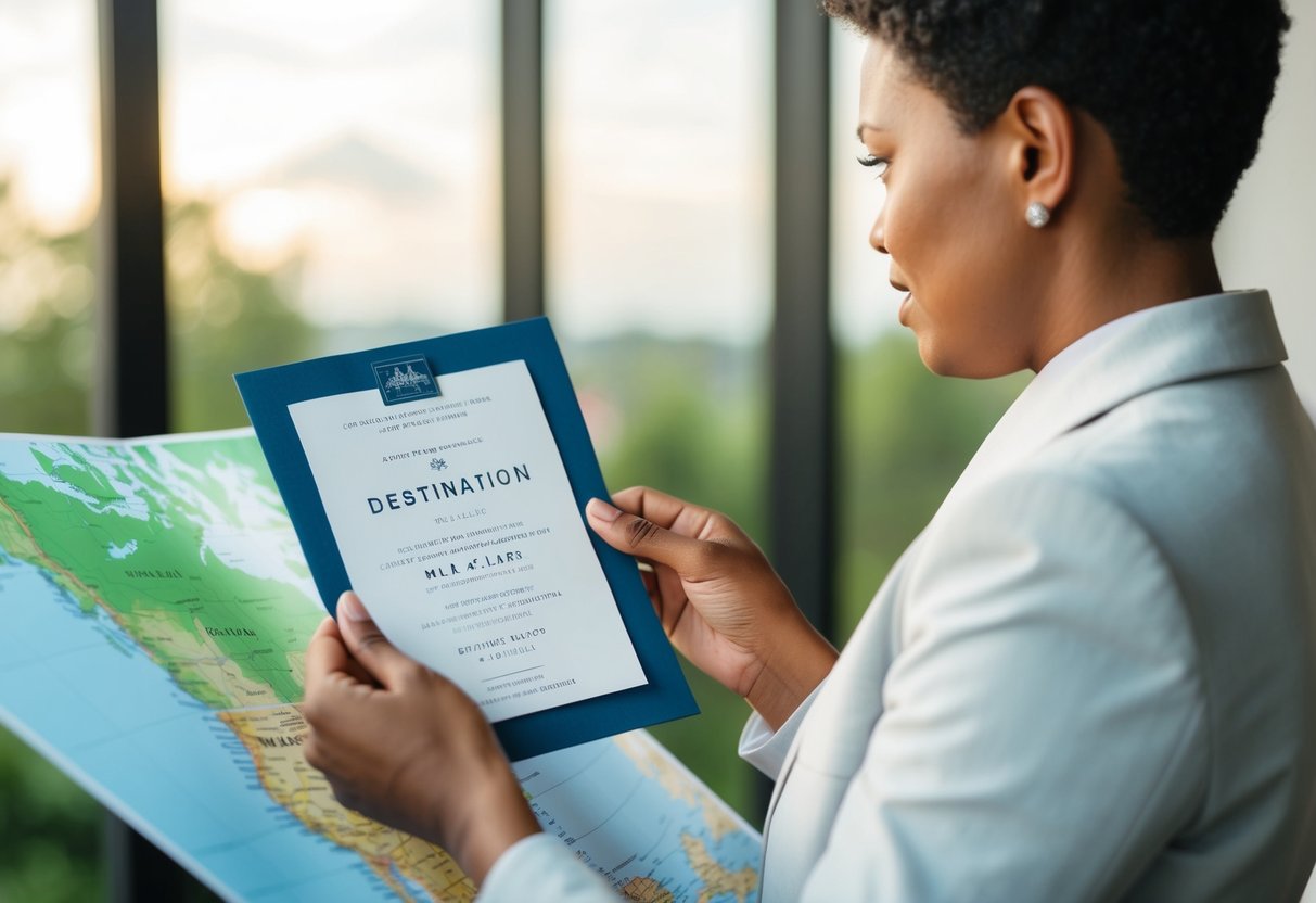 A person holding a wedding invitation while looking at a map of the destination with a concerned expression