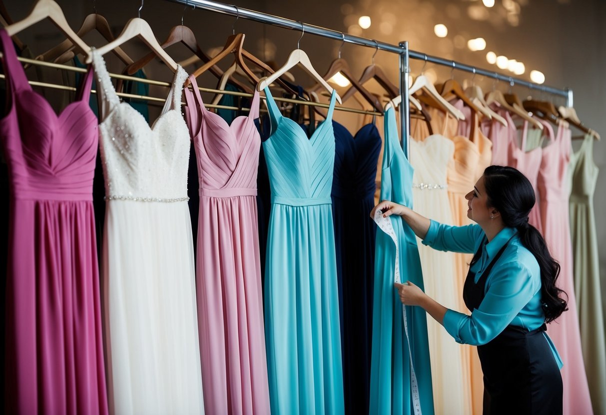 A group of bridesmaid dresses hanging on a rack, with a seamstress measuring a dress on a mannequin