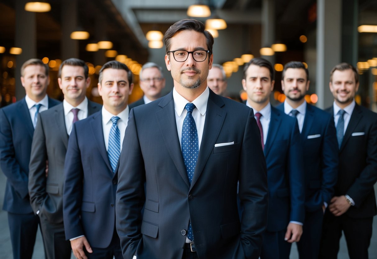 A group of men in suits standing together, one man distinct from the rest
