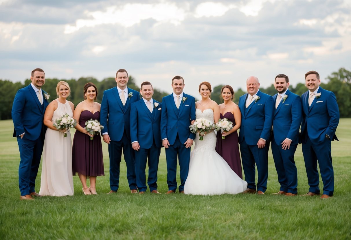 A group of people standing together, with one person slightly separate from the rest, indicating a different role or status within the wedding party