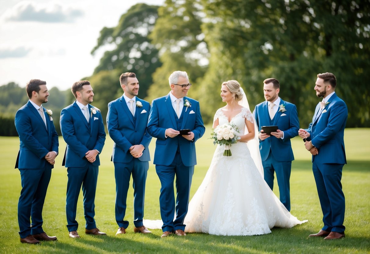 The groom and groomsmen stand in a group, with the father of the bride discussing details with them