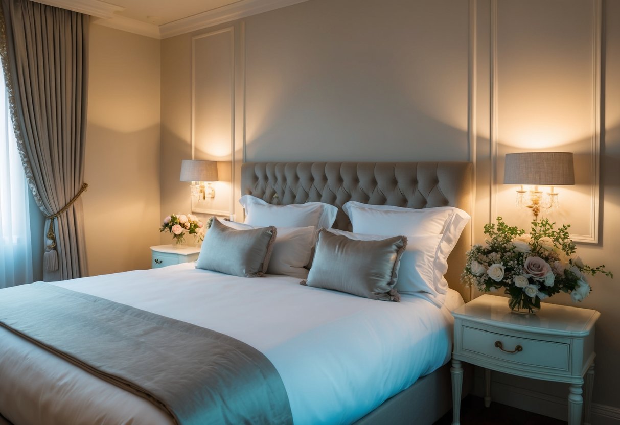 A cozy bedroom with a large, elegant bed adorned with luxurious linens and soft pillows. A bouquet of flowers sits on the nightstand, casting a romantic glow