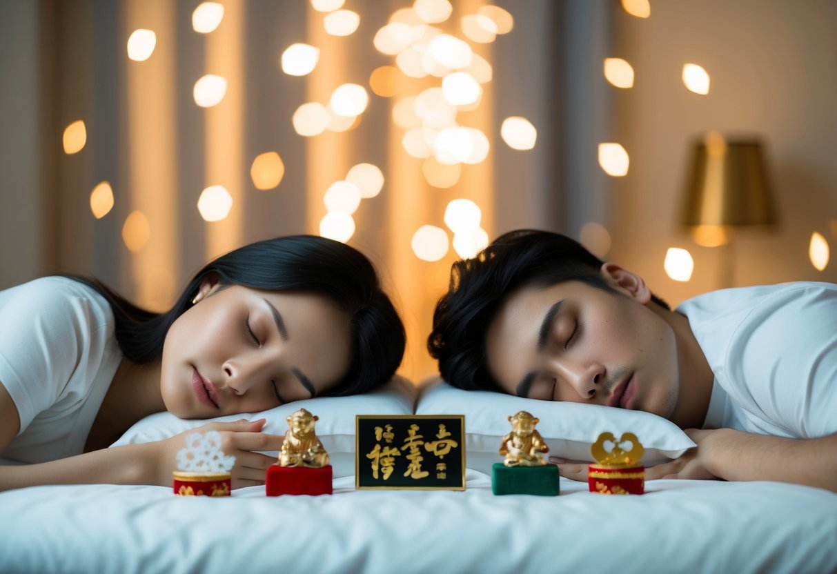 A couple sleeping in separate rooms with symbolic items for good luck