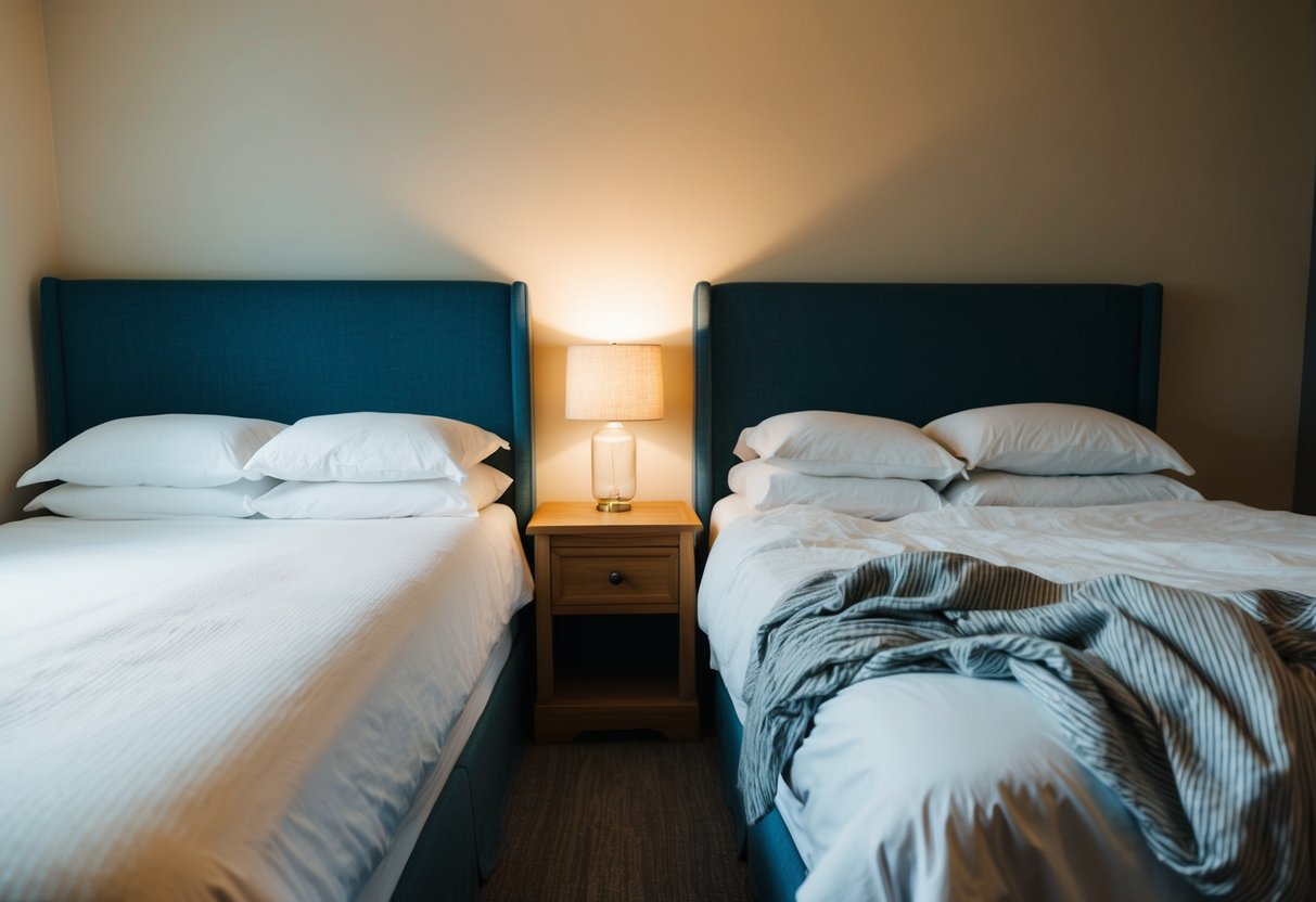 A cozy bedroom with two side-by-side beds, one neatly made and the other with rumpled sheets. A soft glow from a bedside lamp illuminates the room