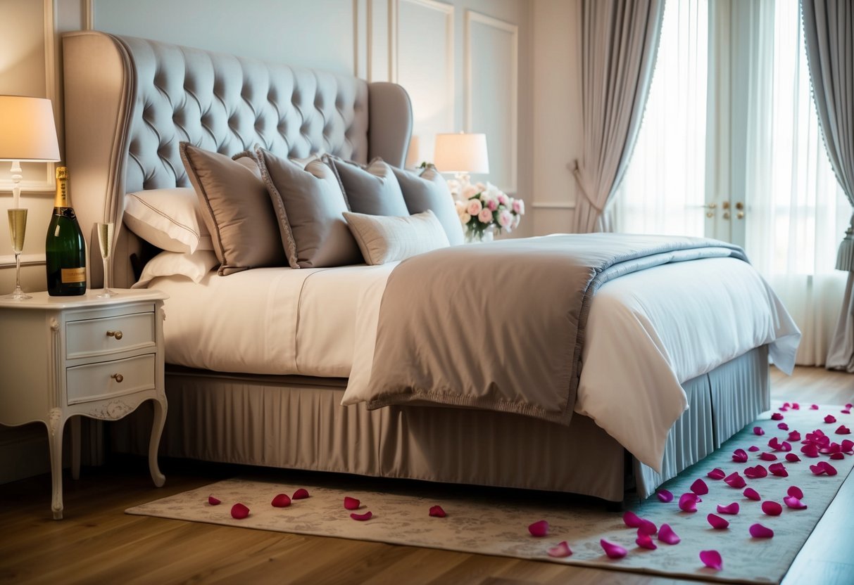 A cozy bedroom with a large, elegant bed adorned with luxurious linens and soft pillows. A bottle of champagne chilling on the nightstand, and rose petals scattered across the floor