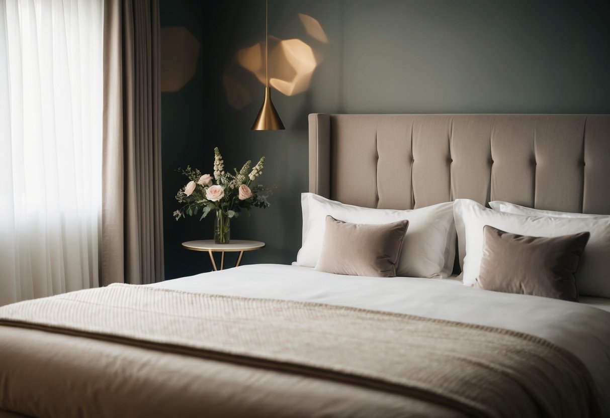 A cozy, dimly lit bedroom with a large, comfortable bed and soft, luxurious bedding. A small table with a vase of flowers sits nearby, creating a romantic atmosphere
