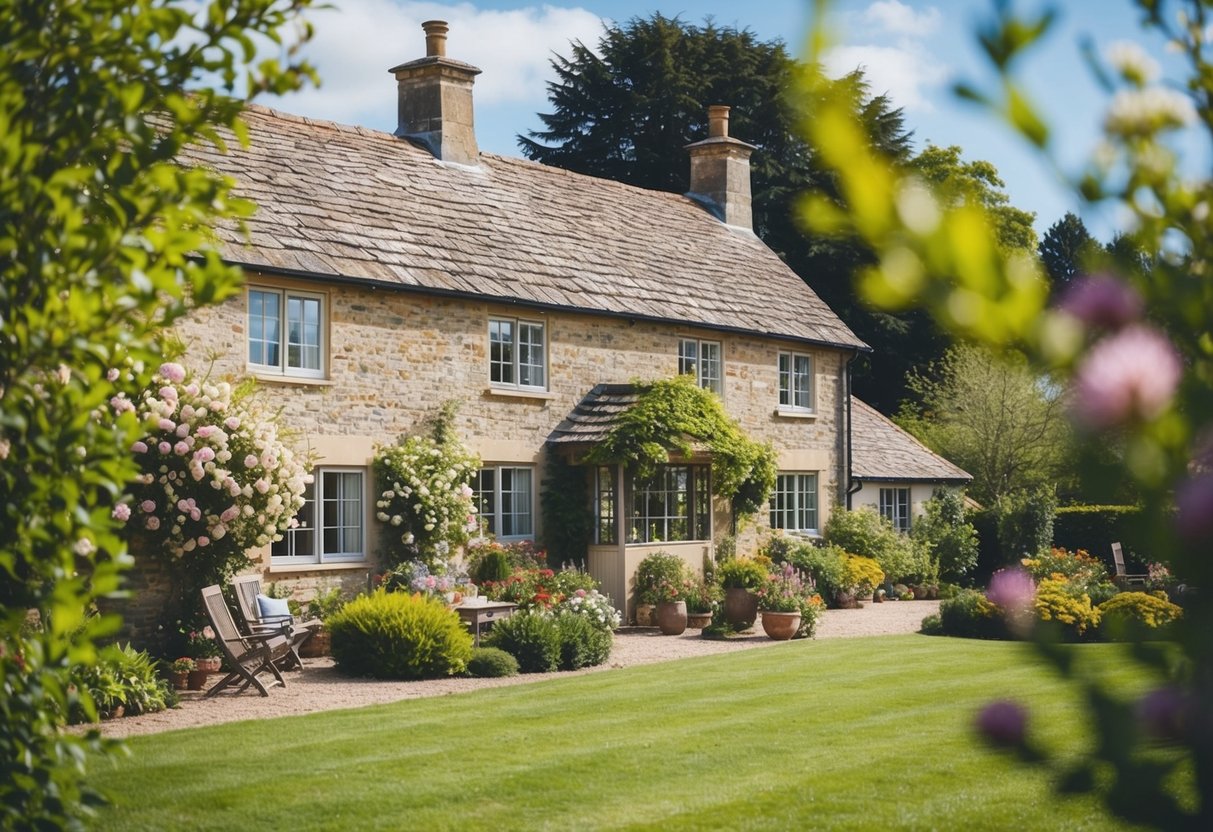 A cozy bed and breakfast nestled in the countryside, with a quaint cottage and blooming gardens
