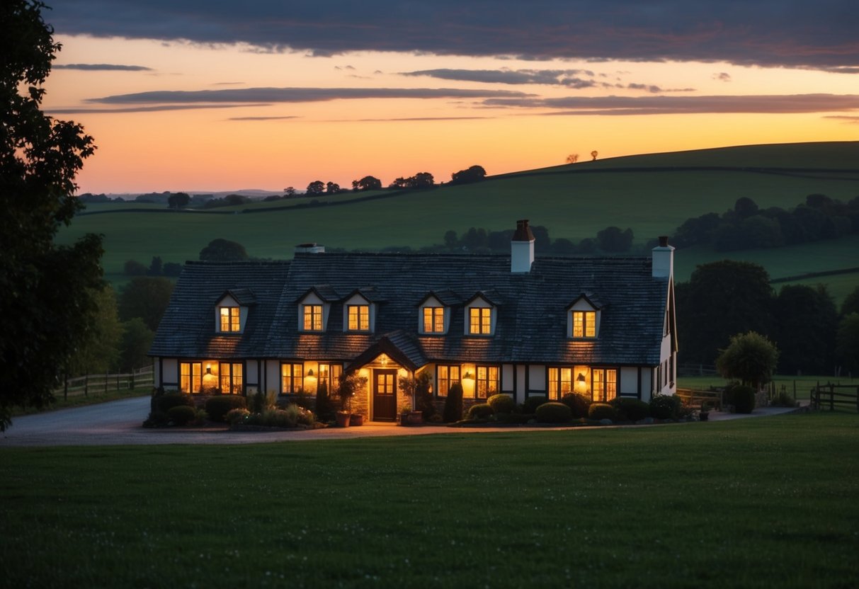 A cozy inn nestled in a quaint countryside, with a warm glow emanating from the windows as the sun sets behind the rolling hills