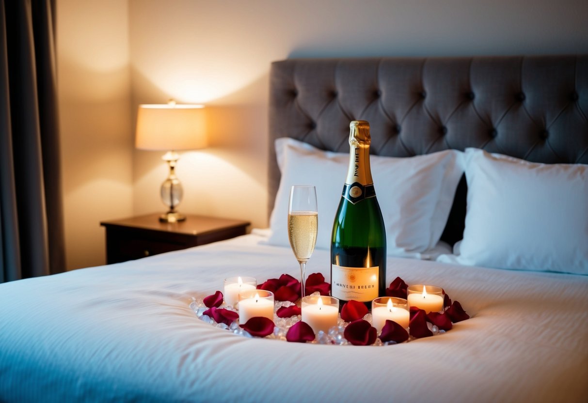 A cozy, candlelit bedroom with a king-sized bed adorned with rose petals and a bottle of champagne chilling on ice