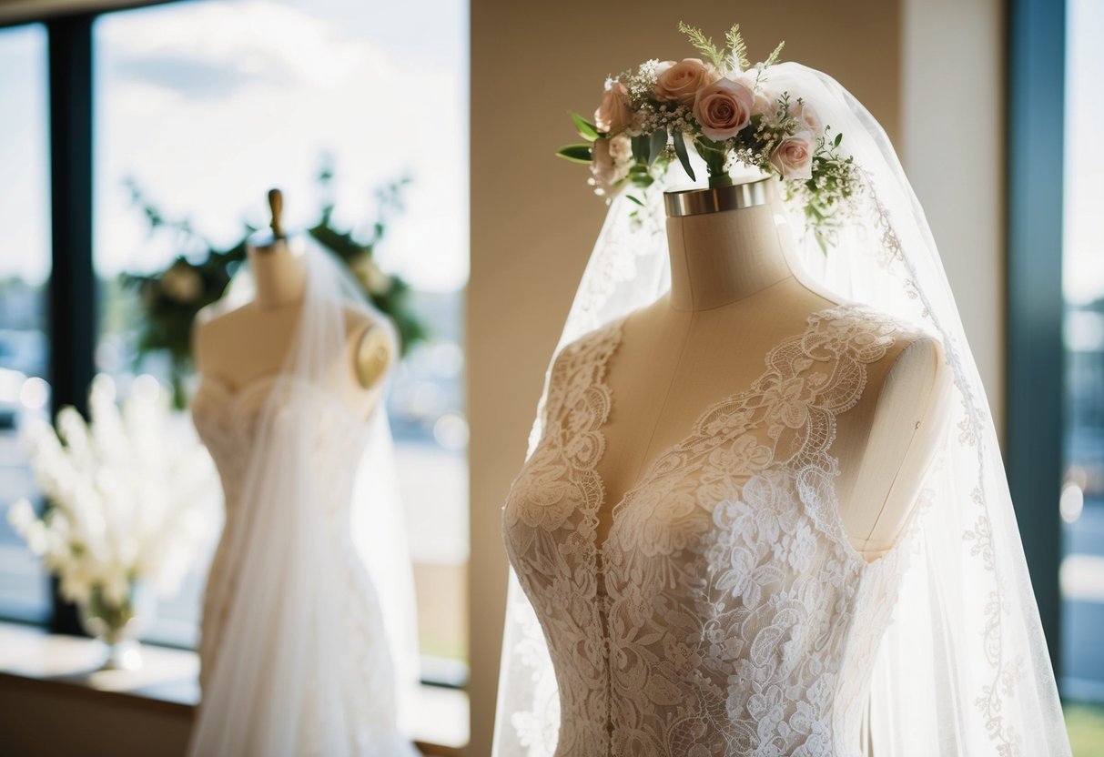 A lace wedding gown draped over a mannequin, with a veil and delicate floral headpiece displayed nearby