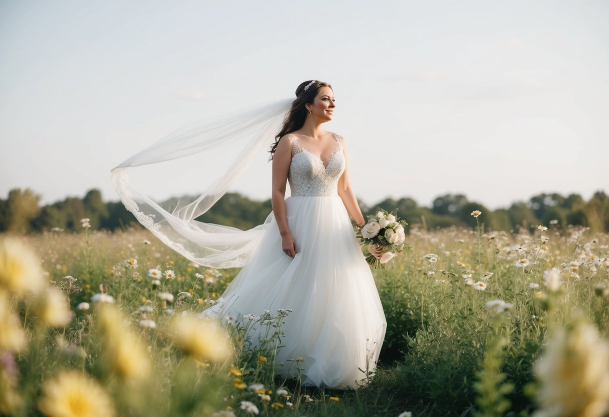 A bride standing in a field of flowers, wearing a flowing white wedding dress, with a veil blowing in the wind