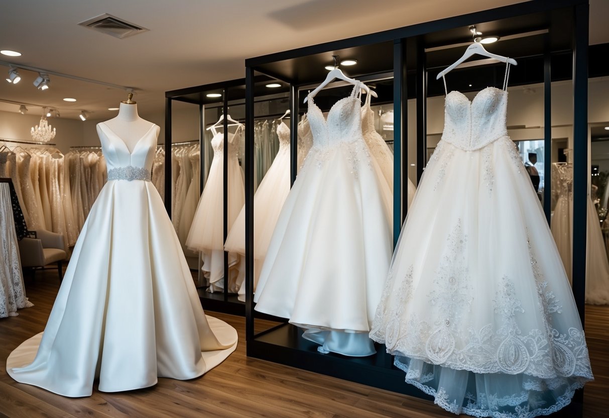 A wedding dress displayed in a modern boutique next to a vintage bridal gown in a traditional bridal shop