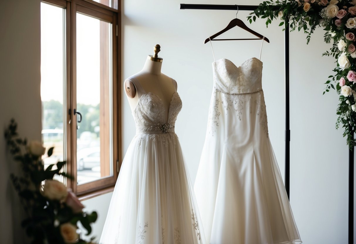 A wedding dress displayed on a mannequin next to a bridal gown on a hanger, with soft lighting and floral accents