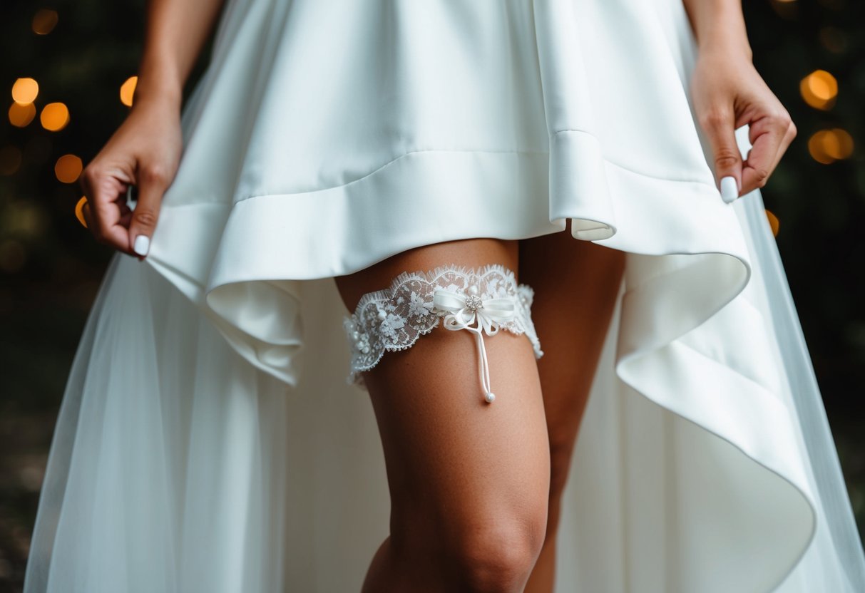 A bride wearing a delicate garter under her flowing wedding dress