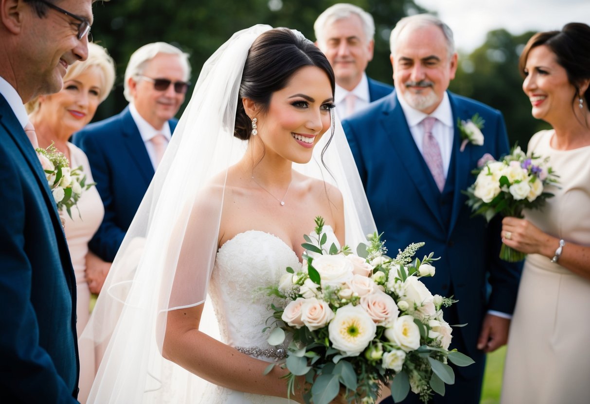 A bride wearing a white gown with a veil, holding a bouquet of flowers, surrounded by family and friends