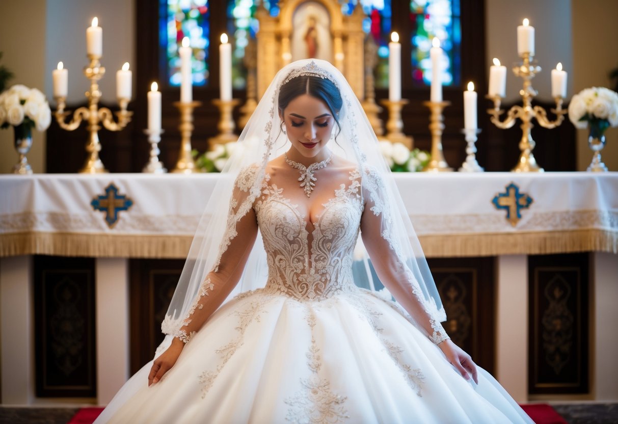 A bride wearing a flowing white gown, adorned with intricate lace and embroidery, and a veil covering her head, standing in front of an ornate altar with candles and religious symbols