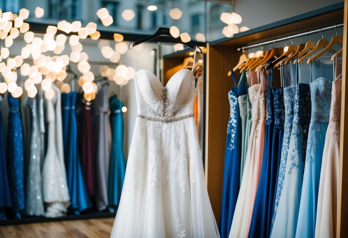 A bride should get her dress during a sunny afternoon at a boutique with a row of elegant gowns on display