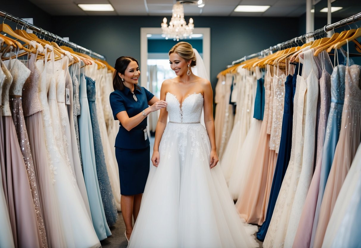 A bride standing in a bridal boutique, surrounded by racks of wedding dresses, trying on different styles with the help of a sales associate