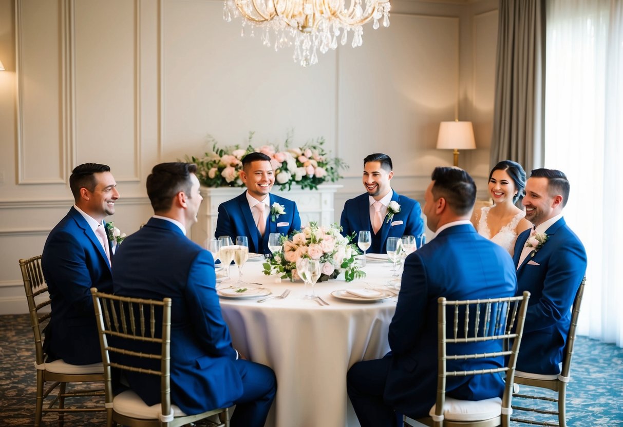 Groomsmen and their dates sit at a round table, chatting and laughing. The room is elegantly decorated with flowers and soft lighting