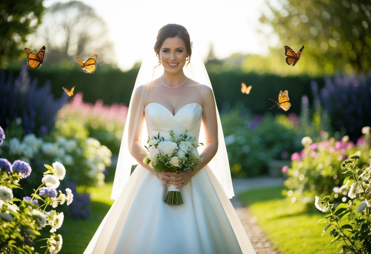 A bride in a white dress stands in a sunlit garden, surrounded by blooming flowers and fluttering butterflies