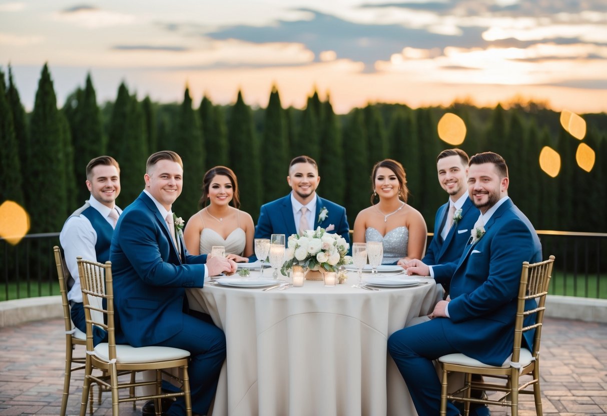 Groomsmen sit with their dates at a round reception table