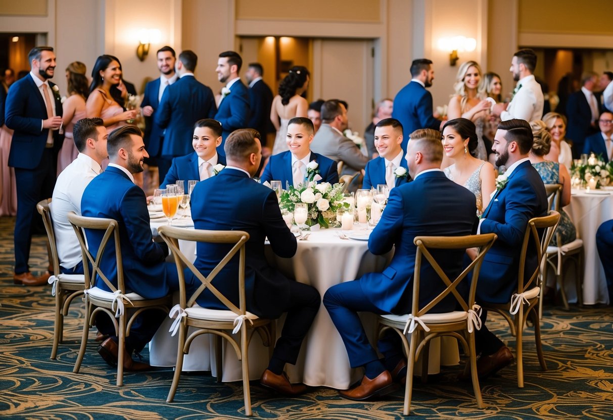 Groomsmen and their dates sit together at round tables, mingling with other guests in a stylish reception hall