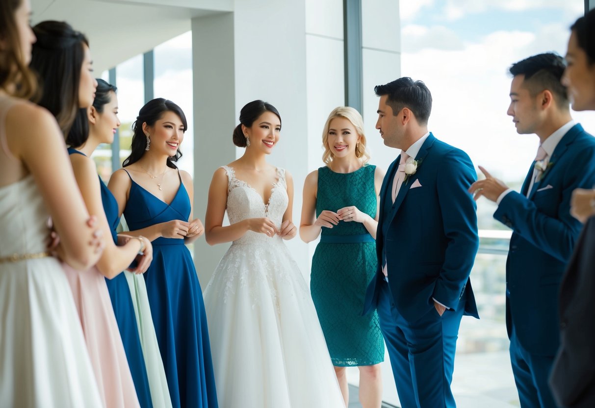 A group of individuals discussing dress options, with a focus on the bride's attire. Various styles and colors are displayed for consideration