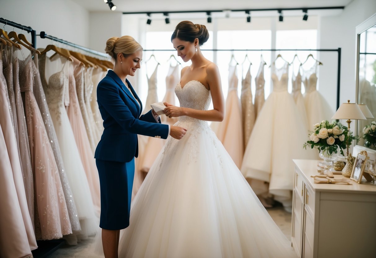 A bride's dress being carefully selected and purchased by a figure in a boutique surrounded by elegant gowns and accessories