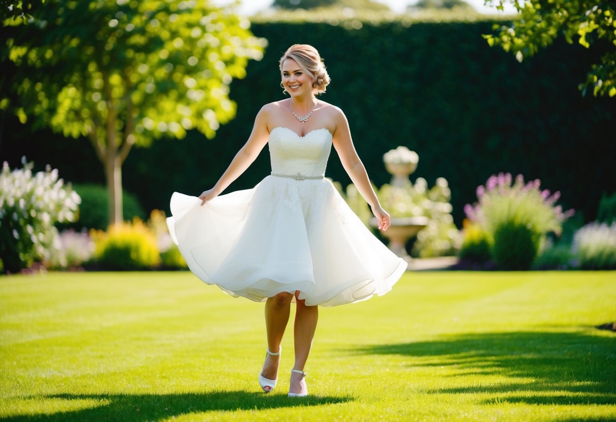A bride in a short wedding dress twirls happily in a garden