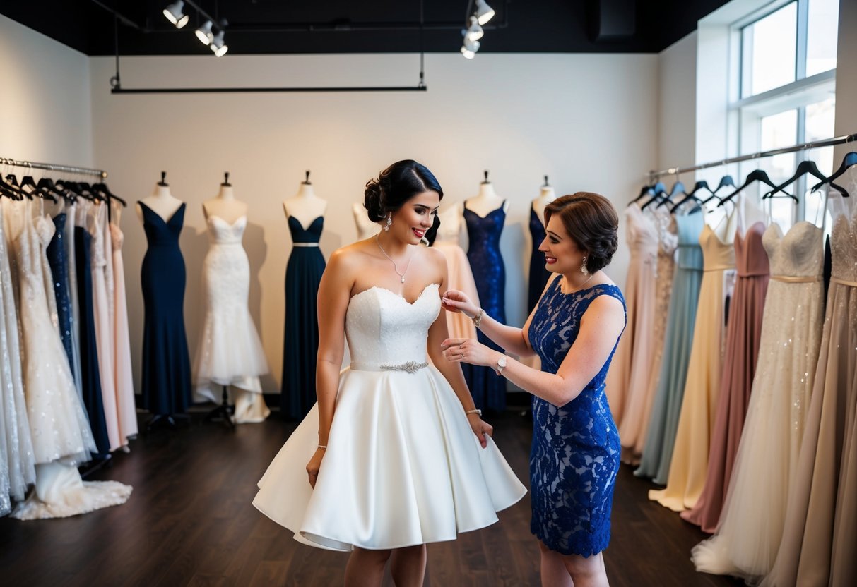 A bride trying on short wedding dresses in a boutique, with various styles and lengths displayed on mannequins around the room