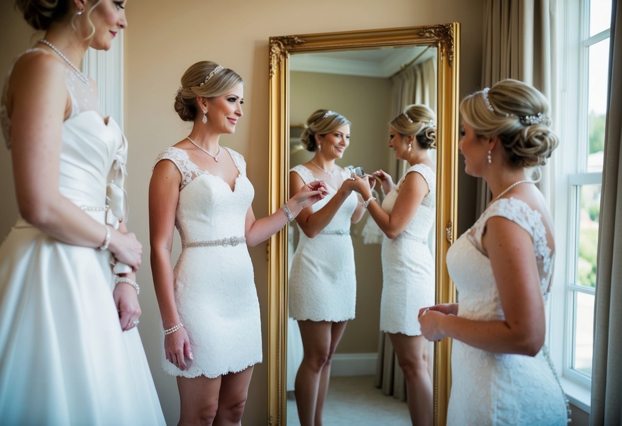 A bride stands in front of a full-length mirror, carefully selecting accessories to enhance her short wedding dress attire