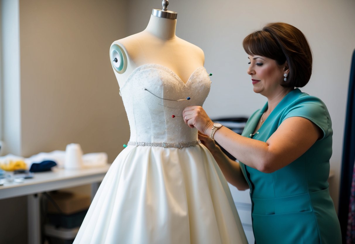 A seamstress carefully pins and adjusts a short wedding dress on a dress form, ensuring a perfect fit and comfort