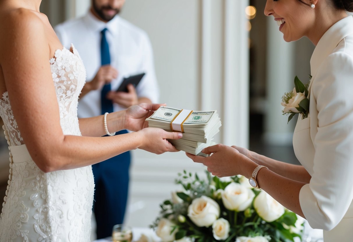 A bride handing over a stack of cash to a wedding planner in a luxurious setting