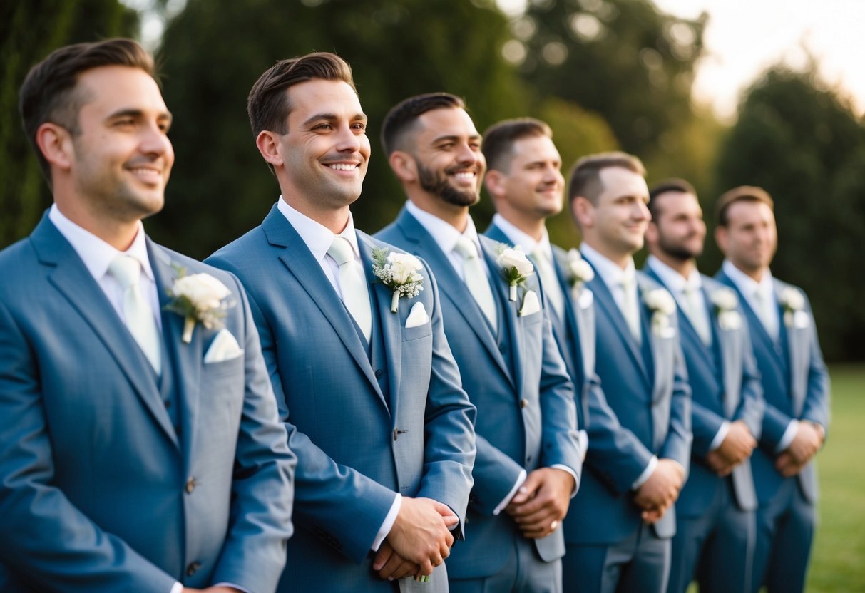 Groomsmen stand in a line, wearing matching suits, and holding onto their boutonnieres. They smile and look towards the camera as they wait for the wedding ceremony to begin