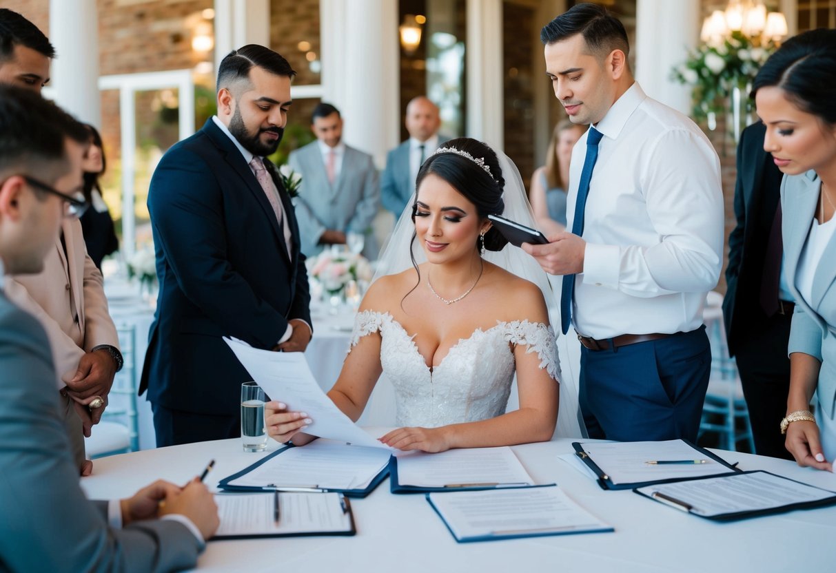 A bride sits at a table, surrounded by vendors and planners, discussing the details of additional wedding-related events. She looks over contracts and budget sheets, considering the financial obligations