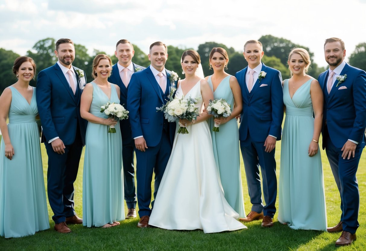 A group of well-dressed individuals standing together, with one person at the center surrounded by others, suggesting a wedding party