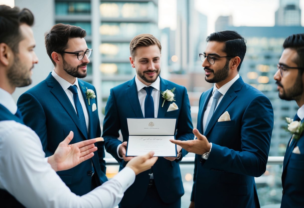A group of men standing together, one holding a wedding invitation while the others discuss and gesture